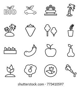 Thin line icon set : bio, eco car, flower bed, palm, island, berry, trees, seedling, eggplant, apple, pear, sprouting, garden, ecology, blower