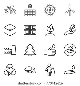 Thin line icon set : bio, sun power, windmill, box, panel house, sprouting, hand leaf, factory, spruce, drop, ecology, recycling, trash truck, and