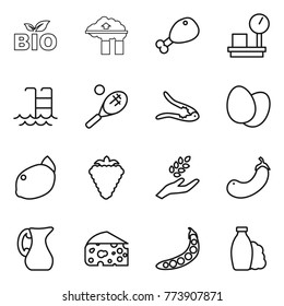 Thin line icon set : bio, factory filter, chicken leg, warehouse scales, pool, tennis, walnut crack, eggs, lemon, berry, harvest, eggplant, jug, cheese, peas, shampoo