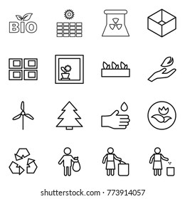 Thin line icon set : bio, sun power, nuclear, box, panel house, flower in window, seedling, hand leaf, windmill, spruce, drop, ecology, recycling, trash, garbage bin