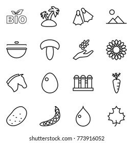 Thin line icon set : bio, island, flippers, landscape, cauldron, mushroom, harvest, flower, horse, egg, grain elevator, carrot, potato, peas, drop, maple leaf