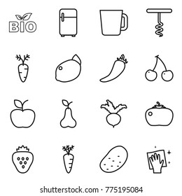 Thin line icon set : bio, fridge, cup, corkscrew, carrot, lemon, hot pepper, cherry, apple, pear, beet, tomato, strawberry, potato, wiping