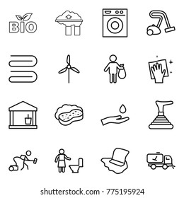 Thin line icon set : bio, factory filter, washing machine, vacuum cleaner, towel, windmill, trash, wiping, utility room, sponge with foam, hand and drop, plunger, toilet cleaning, floor, home call