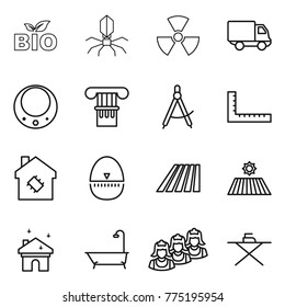 Thin line icon set : bio, virus, nuclear, delivery, necklace, column, draw compass, ruler, smart house, egg timer, field, cleaning, bath, outsource, iron board