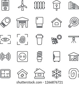 Thin Line Icon Set - bird house vector, warehouse, sun panel, plan, office building, estate search, smart home, socket, fingerprint, remote control, wireless, snowflake, water filter, radiator
