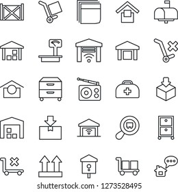 Thin Line Icon Set - bird house vector, doctor case, container, cargo, warehouse storage, up side sign, no trolley, package, heavy scales, search, radio, blank box, archive, mailbox, home message