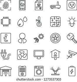 Thin Line Icon Set - bird house vector, monitor, estate document, agent, key, chip, socket, power plug, fingerprint, fan, remote control, irrigation, router, home app, water, washer, thermometer