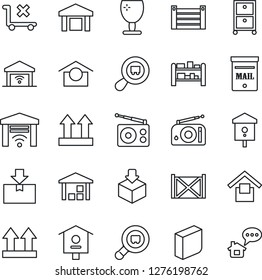 Thin Line Icon Set - bird house vector, container, fragile, warehouse storage, up side sign, no trolley, package, search cargo, rack, radio, blank box, archive, mailbox, garage gate control