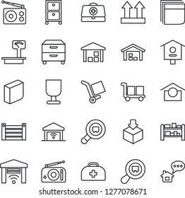 Thin Line Icon Set - bird house vector, doctor case, container, fragile, cargo, warehouse storage, up side sign, package, heavy scales, search, rack, radio, blank box, archive, garage gate control