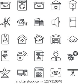 Thin Line Icon Set - bird house vector, with garage, sun panel, sale, sold signboard, office building, estate agent, smart home, eco, wireless lock, irrigation, water heater, pc, washer, sound