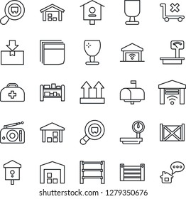 Thin Line Icon Set - bird house vector, doctor case, container, fragile, up side sign, no trolley, warehouse, package, heavy scales, search cargo, rack, radio, blank box, mailbox, home message