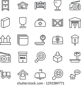 Thin Line Icon Set - bird house vector, doctor case, container, fragile, cargo, warehouse storage, up side sign, package, heavy scales, search, rack, radio, blank box, archive, mailbox, home message