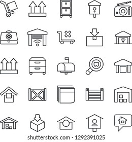 Thin Line Icon Set - bird house vector, doctor case, container, cargo, warehouse storage, up side sign, no trolley, package, search, radio, blank box, archive, mailbox, garage gate control
