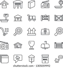 Thin Line Icon Set - bird house vector, doctor case, container, fragile, cargo, warehouse storage, up side sign, no trolley, heavy scales, search, rack, radio, blank box, mailbox, home message