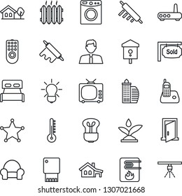 Thin Line Icon Set - bird house vector, tv, radio phone, with garage, tree, sold signboard, office building, estate agent, bedroom, cushioned furniture, heater, rolling pin, remote control, water