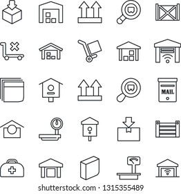 Thin Line Icon Set - bird house vector, doctor case, container, cargo, warehouse storage, up side sign, no trolley, package, heavy scales, search, blank box, mailbox, garage gate control