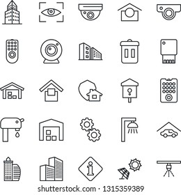 Thin Line Icon Set - bird house vector, warehouse storage, office building, water supply, garage, remote control, web camera, gear, outdoor lamp, eye scan, home protect, trash bin, sun panel