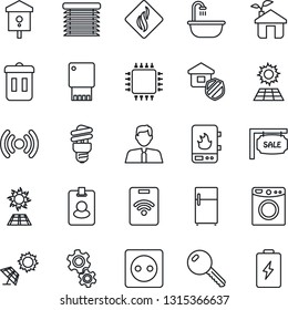 Thin Line Icon Set - bird house vector, sun panel, sale, estate agent, key, bathroom, insurance, chip, eco, socket, water heater, wireless, gear, washer, smoke detector, energy saving bulb, jalousie