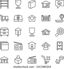 Thin Line Icon Set - bird house vector, doctor case, container, fragile, cargo, warehouse storage, no trolley, package, heavy scales, search, rack, radio, blank box, archive, garage gate control