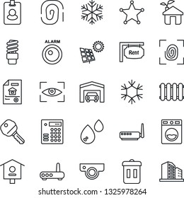Thin Line Icon Set - bird house vector, sun panel, garage, estate document, rent, key, eco, fingerprint, router, web camera, snowflake, water, washer, radiator, energy saving bulb, eye scan, police