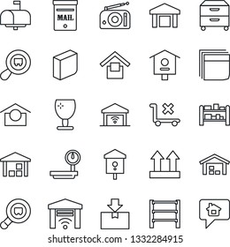 Thin Line Icon Set - bird house vector, fragile, warehouse storage, up side sign, no trolley, package, heavy scales, search cargo, rack, radio, blank box, archive, mailbox, garage gate control