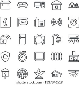 Thin Line Icon Set - bird house vector, office phone, tv, with garage, tree, sale, bathroom, cushioned furniture, fireplace, smart home, wireless lock, irrigation, air conditioner, pc, radiator