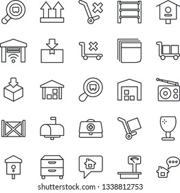 Thin Line Icon Set - bird house vector, doctor case, container, fragile, cargo, up side sign, no trolley, warehouse, package, heavy scales, search, rack, radio, blank box, archive, mailbox