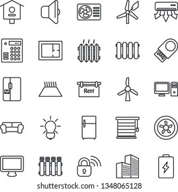 Thin Line Icon Set - bird house vector, monitor, office building, plan, rent, cushioned furniture, heater, fridge, fan, wireless lock, air conditioner, pc, radiator, warm floor, bulb, sound, battery