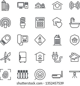 Thin Line Icon Set - bird house vector, warehouse storage, with tree, office building, estate search, bathroom, sweet home, city, insurance, eco, power plug, fingerprint, wireless, router, intercome