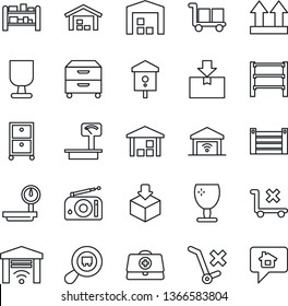 Thin Line Icon Set - bird house vector, doctor case, container, fragile, cargo, up side sign, no trolley, warehouse, package, heavy scales, search, rack, radio, archive box, garage gate control