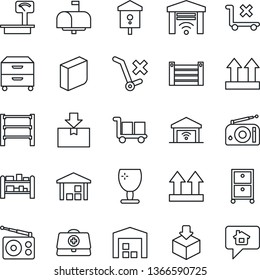 Thin Line Icon Set - bird house vector, doctor case, container, fragile, cargo, up side sign, no trolley, warehouse, package, heavy scales, rack, radio, blank box, archive, mailbox, home message