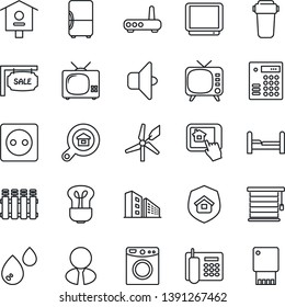 Thin Line Icon Set - bird house vector, tv, office phone, sale, building, estate search, agent, bedroom, insurance, socket, router, home control app, water, filter, washer, radiator, bulb, sound