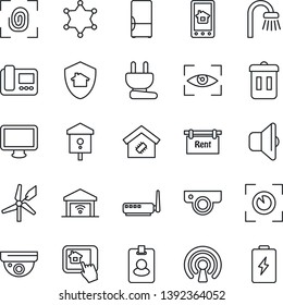 Thin Line Icon Set - bird house vector, monitor, rent, bathroom, fridge, smart home, power plug, fingerprint, wireless, router, web camera, intercome, control app, sound, garage gate, eye scan