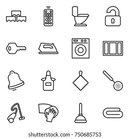 thin line icon set : block wall, remote control, toilet, unlocked, key, iron, washing machine, window, bell, apron, rag, skimmer, vacuum cleaner, wiping, plunger, towel