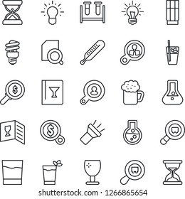 Thin Line Icon Set - blood test vial vector, thermometer, fragile, search cargo, torch, document, client, wine card, drink, phyto bar, beer, energy saving bulb, consumer, money, idea, flask