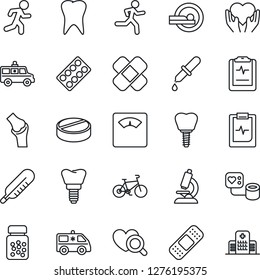 Thin Line Icon Set - blood pressure vector, dropper, thermometer, heart diagnostic, microscope, scales, pills, bottle, blister, patch, tomography, ambulance car, bike, run, hand, tooth, implant