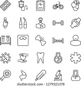 Thin Line Icon Set - blood test vial vector, dropper, thermometer, heart diagnostic, microscope, scales, pills blister, ampoule, ambulance star, barbell, bike, hospital bed, hand, stomach, real