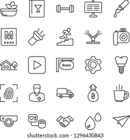 Thin Line Icon Set - blood pressure vector, dropper, barbell, implant, doctor, car delivery, camera, play button, settings, torch, presentation board, handshake, career ladder, house with tree, menu