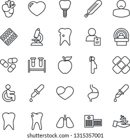 Thin Line Icon Set - blood test vial vector, dropper, thermometer, microscope, pills, blister, patch, tomography, disabled, stomach, lungs, real heart, tooth, caries, implant, hospital, patient