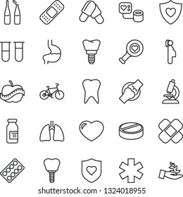 Thin Line Icon Set - blood pressure vector, test vial, heart diagnostic, microscope, pills, blister, ampoule, patch, ambulance star, bike, shield, stomach, lungs, tooth, implant, joint, diet