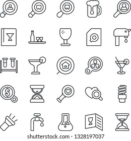 Thin Line Icon Set - blood test vial vector, heart diagnostic, fragile, search cargo, torch, document, water supply, estate, client, alcohol, wine card, cocktail, beer, energy saving bulb, consumer