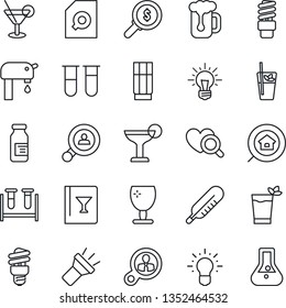 Thin Line Icon Set - blood test vial vector, thermometer, heart diagnostic, ampoule, fragile, torch, document search, water supply, estate, client, wine card, drink, cocktail, phyto bar, beer, money