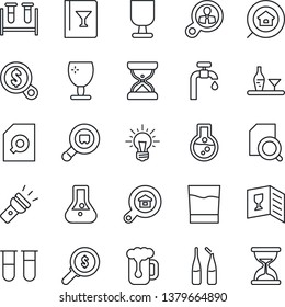 Thin Line Icon Set - blood test vial vector, ampoule, fragile, search cargo, torch, document, water supply, estate, alcohol, wine card, drink, beer, consumer, money, idea, flask, sand clock
