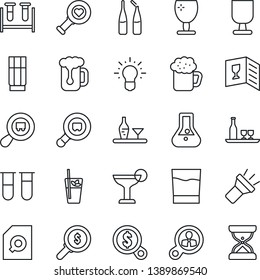 Thin Line Icon Set - blood test vial vector, heart diagnostic, ampoule, fragile, search cargo, torch, document, alcohol, wine card, drink, cocktail, phyto bar, beer, consumer, money, idea, flask