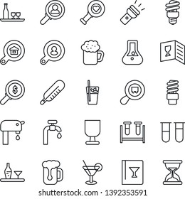 Thin Line Icon Set - blood test vial vector, thermometer, heart diagnostic, fragile, search cargo, torch, water supply, estate, client, alcohol, wine card, cocktail, phyto bar, beer, consumer, money
