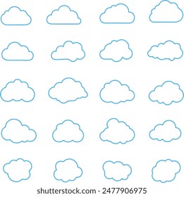 Thin line icon set of blue clouds in various shapes. Thin line icons, flat vector illustrations. Isolated on white, transparent background	
