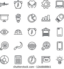 Thin Line Icon Set - boarding vector, mobile phone, presentation board, circle chart, sickle, greenhouse, heart hand, sorting, laptop pc, back, settings, alarm, eye id, pie graph, calculator, rent