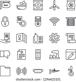 Thin Line Icon Set - boarding vector, flight table, document, factory, reload, contract, fertilizer, diagnosis, oil barrel, remote control, radio phone, finger down, folder, notes, wireless, lock