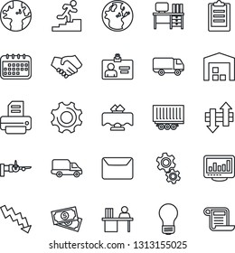 Thin Line Icon Set - boarding vector, identity card, desk, crisis graph, bulb, printer, earth, cash, truck trailer, car delivery, settings, data exchange, clipboard, monitor statistics, manager