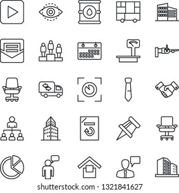 Thin Line Icon Set - boarding vector, handshake, speaking man, hierarchy, pedestal, document reload, consolidated cargo, warehouse storage, oil barrel, heavy scales, play button, mail, eye id, chair